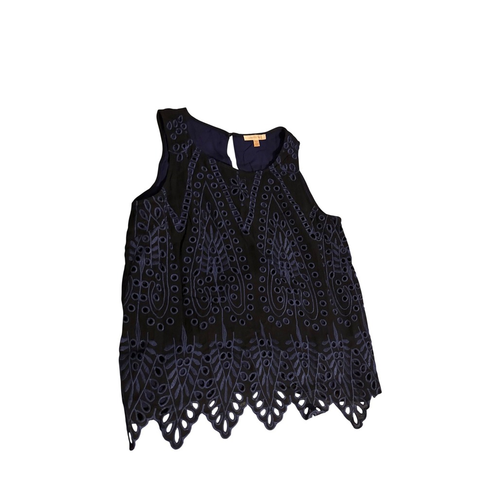Skies Are Blue Black Navy Eyelet Embroidered‎ Sleeveless Top Scalloped Hem M
